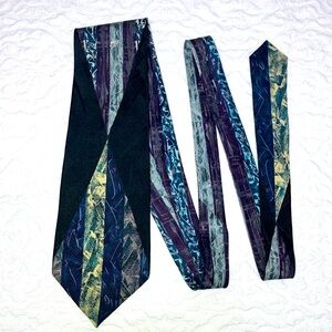 Vintage silk tie, art deco geometric, black, purple, yellow, blue